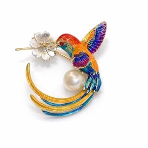Colorful Hummingbird Brooch with Pearl Accent